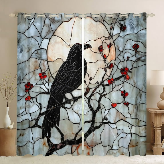 jejeloiu Black Raven Black Out Curtains,Stained Glass Curtains Pack of 2 (42x63 Each),Red Berry Bedroom Curtains For Boys Kids,Ultra Soft Home Decor