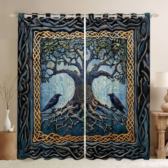 jejeloiu Black Raven Crow Black Out Curtains,Bohemian Style Tree Curtains Pack of 2 (42x63 Each) For Teens