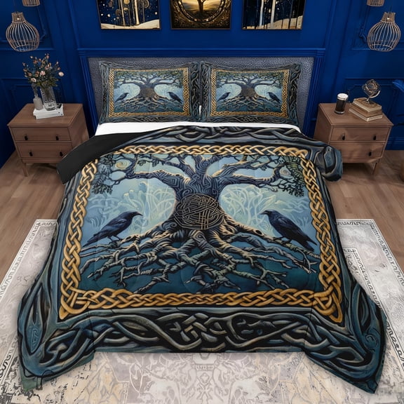 jejeloiu Black Raven Crow Queen Comforter Set,Bohemian Style Tree Bedding Comforter Set For Teens Reversible 3pcs