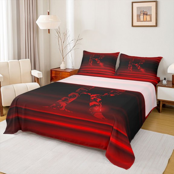 jejeloiu Black Red Monogram R Queen Sheet Sets For Boys,Gradient Letter Pattern Bed Set For Kids,4-Piece