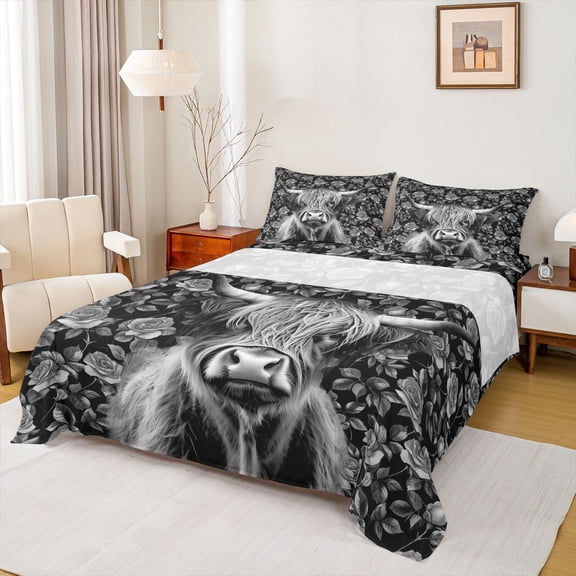 jejeloiu Black Rose Cow Full Size Sheets Kids,Farm Print Bed Sheets,4 Pieces