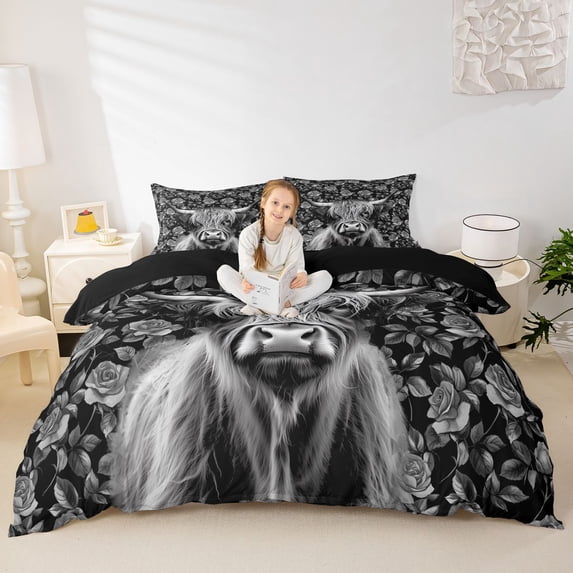 jejeloiu Black Rose Cow Queen Duvet Cover Set Kids,Farm Print Bedding,Reversible,3pcs(No Comforter)