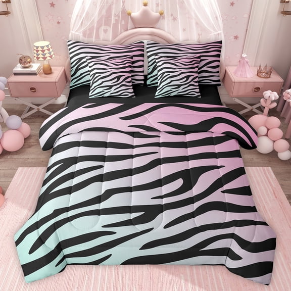 jejeloiu Black Stripes 7 Pieces Bedding Comforter Set,Jungle Zebra Striped Full Bedding Set,Modern Abstract Aesthetic Fitted Sheet Flat Sheet For Girls Teens,Microfiber Bedroom Decor Reversible