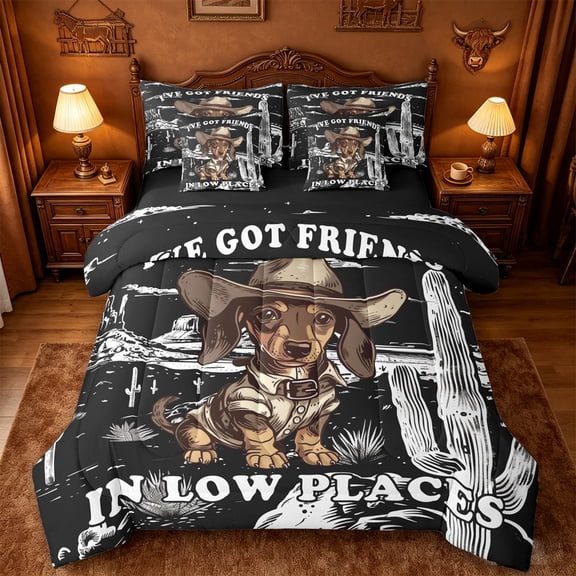 jejeloiu Black Western Dachshund Art 7-Piece Twin Bedding Sets Kids,Retro Dog Print Bedding Comforter Set For Boy,Reversible