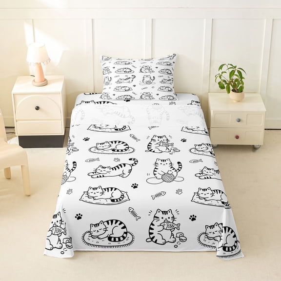 jejeloiu Black White Tabby Cat Twin Sheet Sets Kids,Cartoon Kitten Pattern Bedding,3pcs