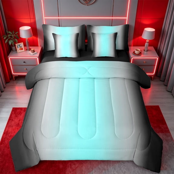jejeloiu Blue Black Gradient 7pcs Bedding Comforter Set Kids,Abstract Ombre Print Queen Bedding Sets,Reversible