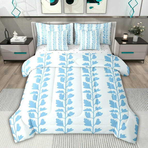 jejeloiu Blue Botanical Leaf 7 Pieces Bedding Comforter Set,Minimalist Aesthetic Full Bedding Set For Adults Reversible