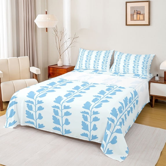 jejeloiu Blue Botanical Leaf Bed Sheets,Minimalist Aesthetic King Sheets For Adults 4 Pieces