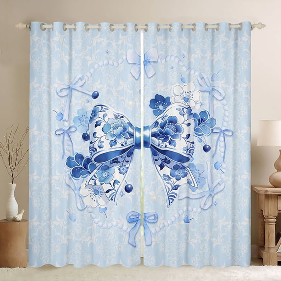 jejeloiu Blue Bowknot Bow Black Out Curtains,Retro Bohemian Floral Curtains Pack of 2 (42x63 Each) For Girls Kids