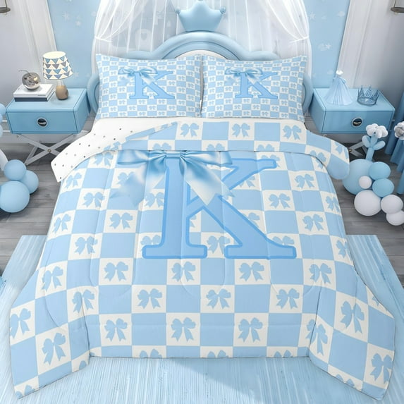 jejeloiu Blue Bowknot Bow Full Size Comforter Sets,Letter K Monogrammed Bedding Sets For Girls Kids Reversible 3-Piece