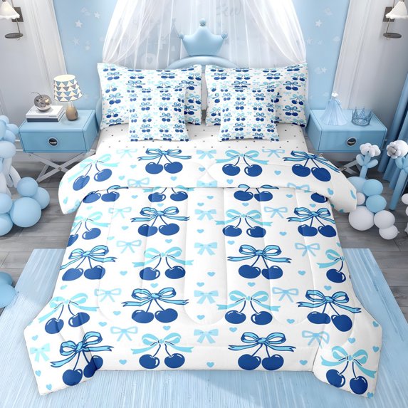 jejeloiu Blue Bowtie Bow 7-Piece Bedding Comforter Set,Cute Fruit Cherry King Bedding Sets For Girl Teens Reversible
