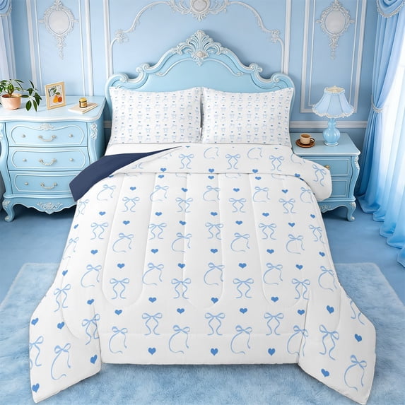 jejeloiu Blue Bowtie Love Queen Comforter Set,Cute Ribbon Bowknot Bedding Comforter Set For Girl Teens Reversible 3-Piece