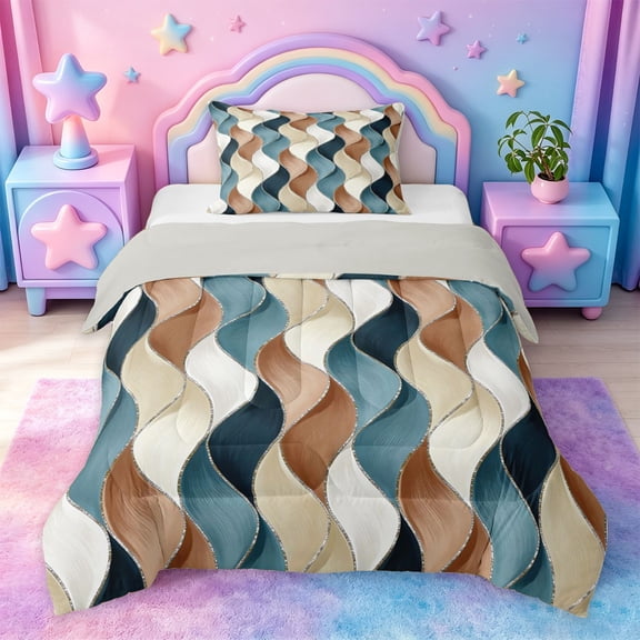 jejeloiu Blue Brown Wave Stripes Twin Comforter Sets Kids,Modern Geometric Print Bedding Set,Reversible,2-Piece