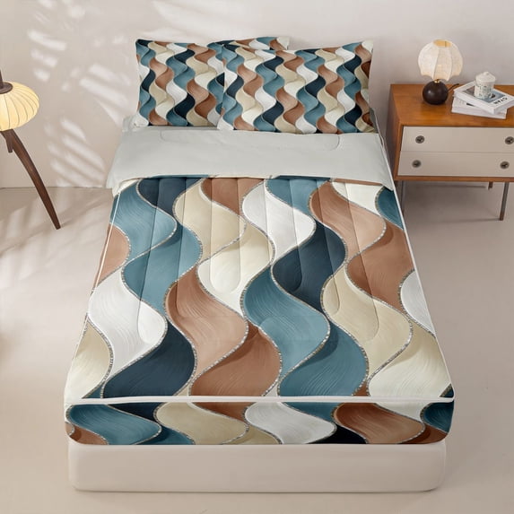 jejeloiu Blue Brown Wave Stripes Zipper Twin Comforter Sets with Fitted Sheet and 2 Pillowcases Kids,Modern Geometric Print Zipper Bedding Set,Reversible,4-Piece