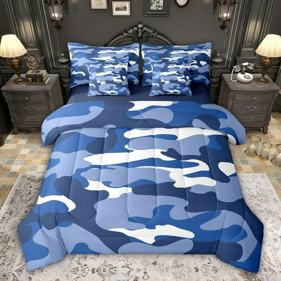 jejeloiu Blue Camo Camouflage 7 Pieces Bedding Comforter Set,Military Style Full Bedding Set For Men Women Reversible