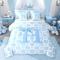 jejeloiu Blue Cartoon Bowknot 7-Piece Twin Bedding Sets,Letter H Print Bedding Comforter Set For Girls Women Reversible