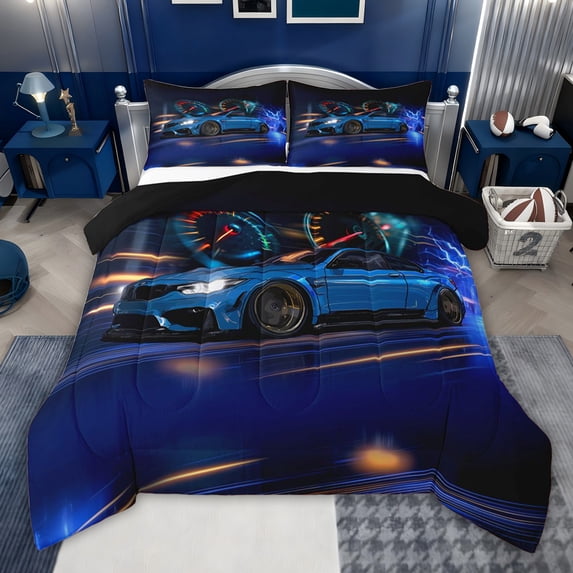 jejeloiu Blue Cool Car Queen Comforter Set,Extreme Sport Lover Bedding Comforter Set For Racing Gamer Reversible 3-Piece