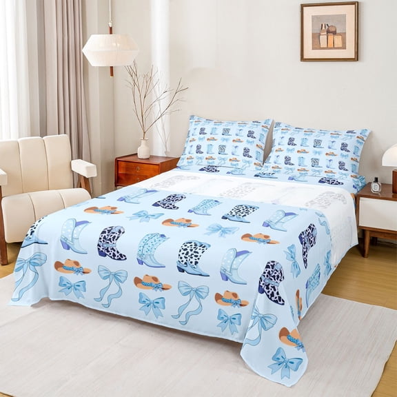 jejeloiu Blue Coquette Bow Bed Sheets Kids,Western Cow Print Cowgirl Boots King Sheets For Girls,4pcs
