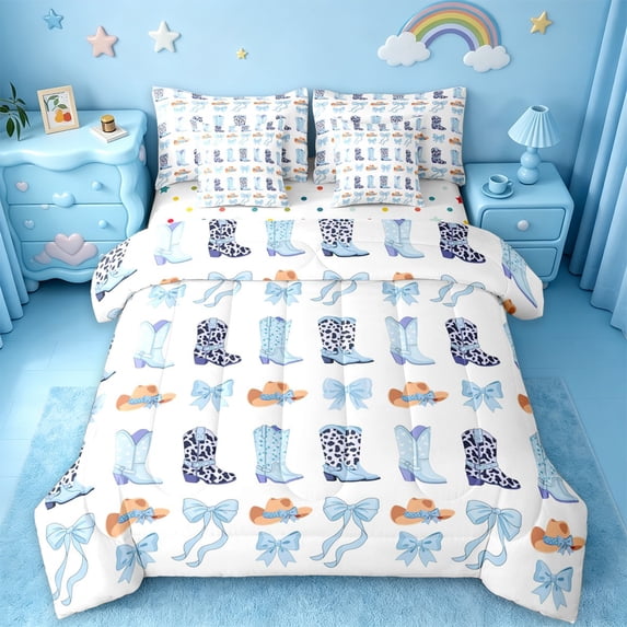 jejeloiu Blue Cow Print Cowboy Boot 7-Piece Bedding Comforter Set Kids,Dreamy Princess Bow King Bedding Sets For Girls,Reversible