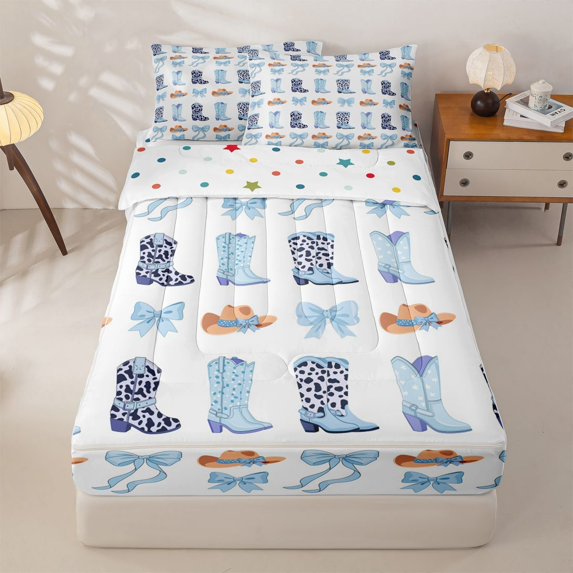 jejeloiu Blue Cow Print Cowboy Boot Zipper Full Size Comforter Sets with Fitted Sheet and 2 Pillowcases Kids,Dreamy Princess Bow Zipper Bedding Set For Girls,Reversible,4-Piece