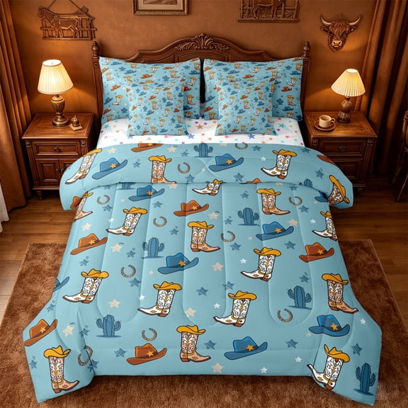 jejeloiu Blue Cowboy Cactus 7pcs Bedding Comforter Set Kids,Western Animal Pattern Queen Bedding Sets,Reversible