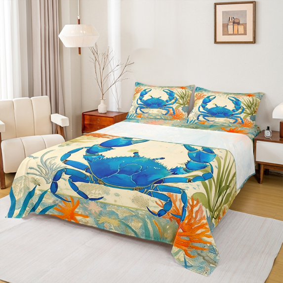jejeloiu Blue Crab Pattern Full Size Sheets,Ocean Sea Sealife Bed Sheets,Orange Coral Shell Sheet Sets For Children,Breathable Home Decor,4 Pieces