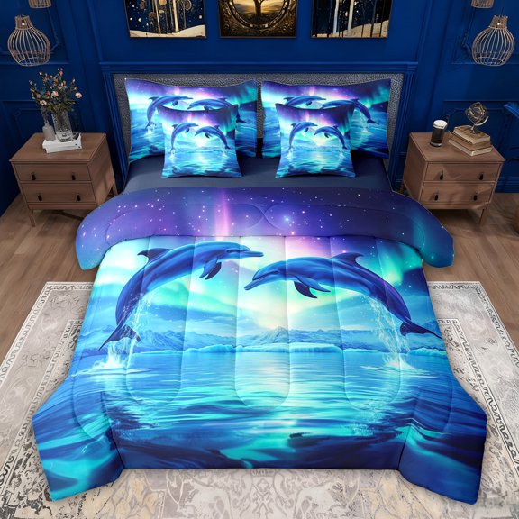 jejeloiu Blue Cute Whale 7-Piece Twin Bedding Sets,Galaxy Starry Sky Bedding Comforter Set For Boys Kids Reversible