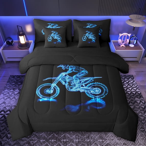 jejeloiu Blue Dirt Bike 7pcs Bedding Comforter Set,Extreme Sport Queen Bedding Sets For Boys Kids Reversible