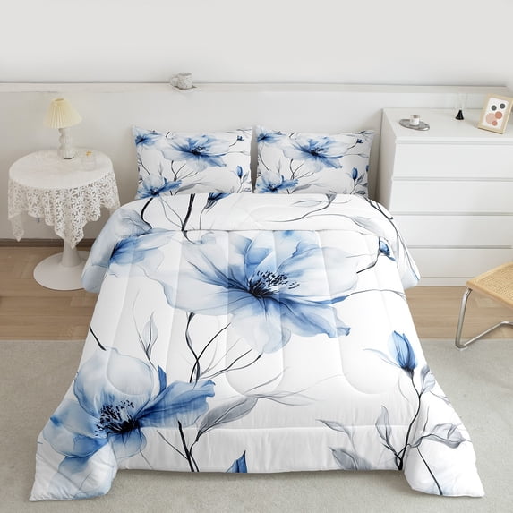 jejeloiu Blue Flower Floral Full Size Comforter Sets,Modern Aesthetic Art Bedding Comforter Set,Rustic Plant Bedding Sets For Men Women,Breathable Home Decor Reversible,3pcs