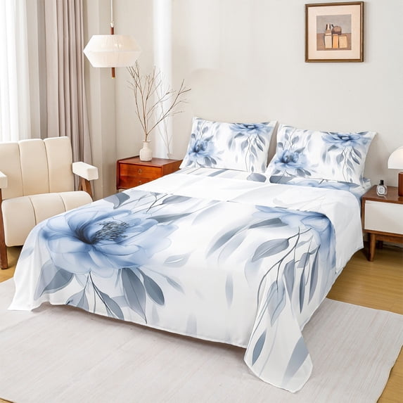 jejeloiu Blue Flower Floral Twin Sheet Sets,Gray Leaves Twin Fitted Sheet,Modern Minimalsit Aesthetic Flat Sheet For Girls,Super Cozy Room Decor,3pcs