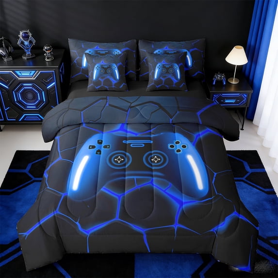 jejeloiu Blue Game Console Twin Bedding Sets 7-Piece,Gamer Gaming Bedding Comforter Set,Modern Geometric Honeycomb Sheet Sets For Boys Kids,Breathable Bedroom Decorative Reversible