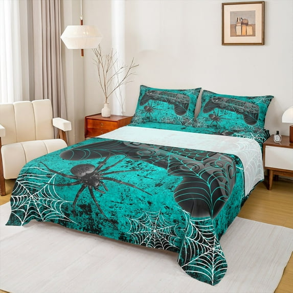jejeloiu Blue Gamepad Twin Sheet Sets,Modern Video Game Twin Fitted Sheet,Halloween Spider Webs Flat Sheet For Girl Kids,Super Cozy Bedroom Decor,3pcs