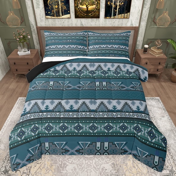 jejeloiu Blue Geometric Rhombus Queen Comforter Set,Boho Exotic Style Bedding Sets,Rustic Aztec Triangle Bedding Comforter Set For Adults,Super Cozy Room Decor Reversible,3pcs