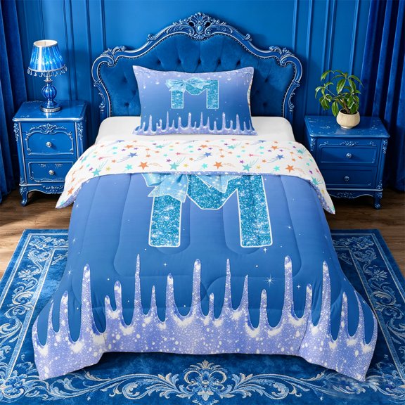 jejeloiu Blue Glitter Bowknot Monogram M Print Twin Comforter Sets For Girls,Chic Ice Drip Initial Bedding Set For Kids,Colorful Stars Reversible,2-Piece