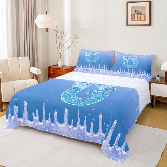 jejeloiu Blue Glitter Print Initial G Bed Sheets For Girls,Cream Bow Monogram Print King Sheets,4pcs
