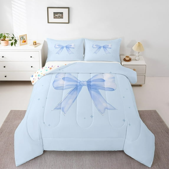 jejeloiu Blue Kawaii Bow Bedding Comforter Set,Girls Bow Knot Twin Comforter Sets,Geometric Rhombus Pattern Bedding Set For Children,Breathable Bedroom Decorative Reversible,2 Pieces