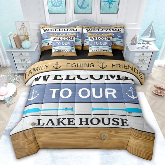 jejeloiu Blue Lake Paddles 7-Piece Twin Bedding Sets,Vintage Wooden Planks Bedding Comforter Set For Adults Kids Reversible