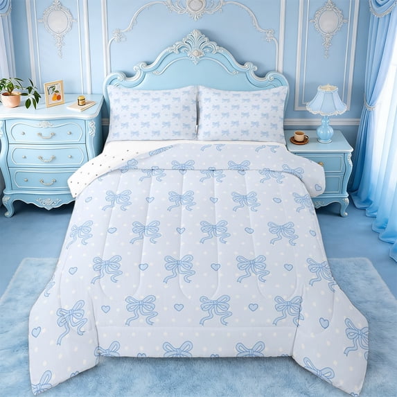 jejeloiu Blue Lovely Bow Queen Comforter Set,Cute Cartoon Heart Bedding Comforter Set For Girls Reversible 3 Pieces