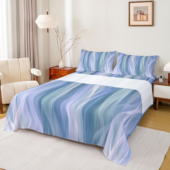 jejeloiu Blue Modern Geometric Lines Full Size Sheets Kids,Flowing Wave Stripes Bed Sheets For Girls,4pcs