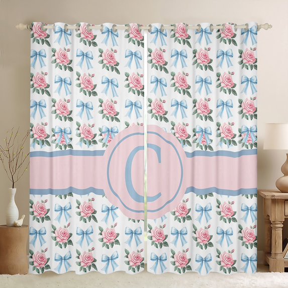 jejeloiu Letter C Blackout Curtain Set of 2,Pink Rustic Flower Ribbon Bow,42x84 Inch