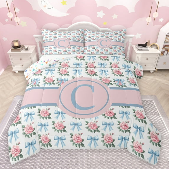 jejeloiu Blue Monogrammed C Queen Comforter Set,Bow Tie Ribbon Bedding Sets,Pink Riustic Flower Bedding Comforter Set For Girl Teens,Ultra Soft Bedroom Decor Reversible,3-Piece