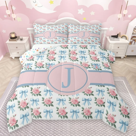 jejeloiu Blue Monogrammed J Full Size Comforter Sets,Bow Tie Ribbon Bedding Comforter Set,Pink Riustic Flower Bedding Sets For Girl Teens,Ultra Soft Bedroom Decor Reversible,3 Pieces