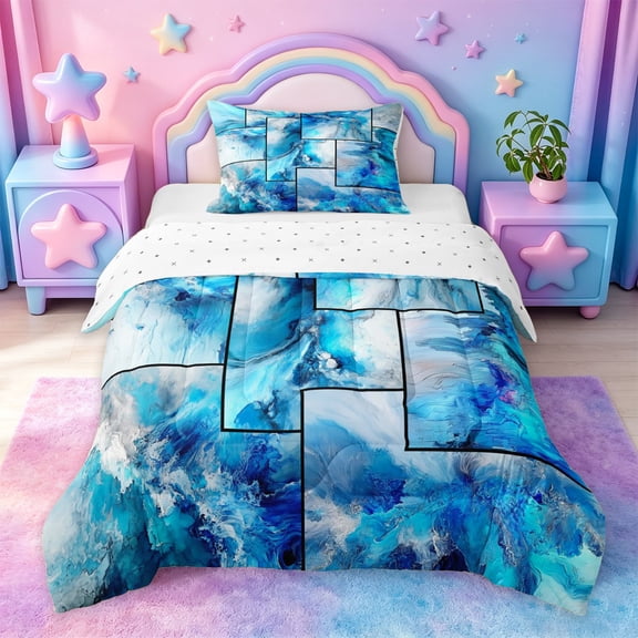 jejeloiu Blue Ocean Patchwork Art Twin Comforter Sets Kids,Coastal Print Bedding Set,Reversible,2pcs