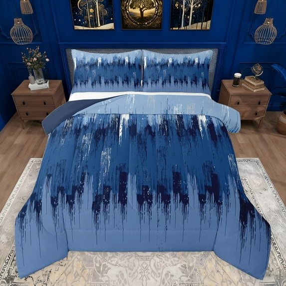 jejeloiu Blue Oil Painting Bedding Comforter Set,Batik Art Twin Comforter Sets,Retro Minimalist Style Bedding Set For Boys,Ultra Soft Home Decor Reversible,2pcs
