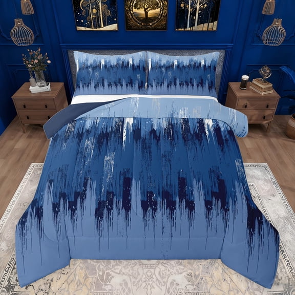 jejeloiu Blue Oil Painting Bedding Comforter Set,Batik Art Twin Comforter Sets,Retro Minimalist Style Bedding Set For Boys,Ultra Soft Home Decor Reversible,2pcs