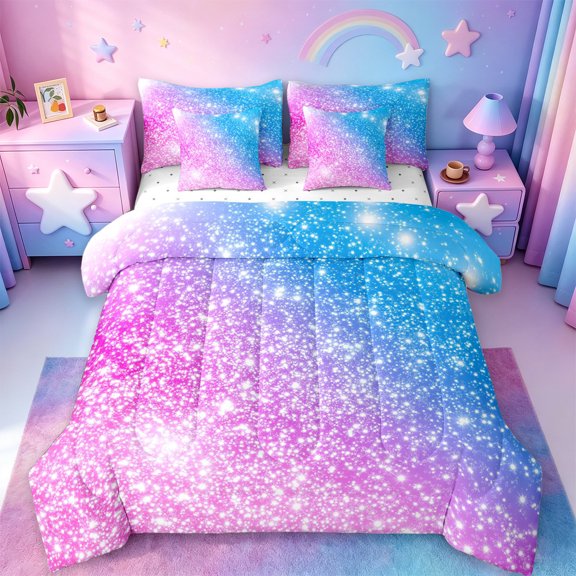 jejeloiu Blue Pink Glitter Print 7-Piece Twin Bedding Sets Kids,Abstract Galaxy Starry Sky Bedding Comforter Set For Girls,Reversible
