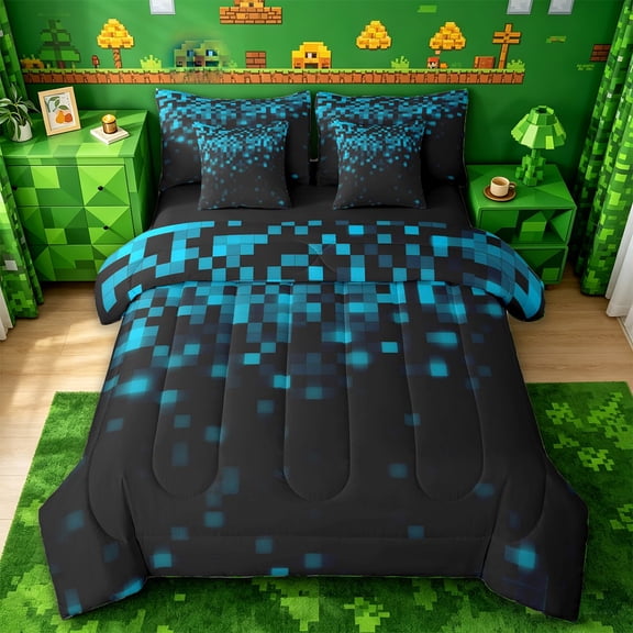 jejeloiu Blue Pixel Pattern 7-Piece Twin Bedding Sets Kids,Kids Video Games Bedding Comforter Set For Boys,Reversible