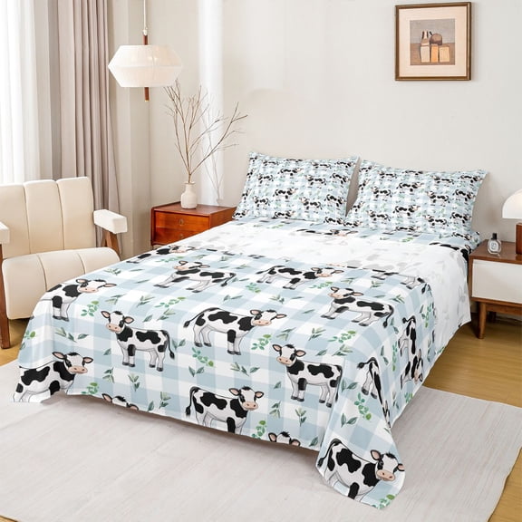 jejeloiu Blue Plaid Farm Cow Full Size Sheets Kids,Cute Animal Print Bed Sheets,4 Pieces