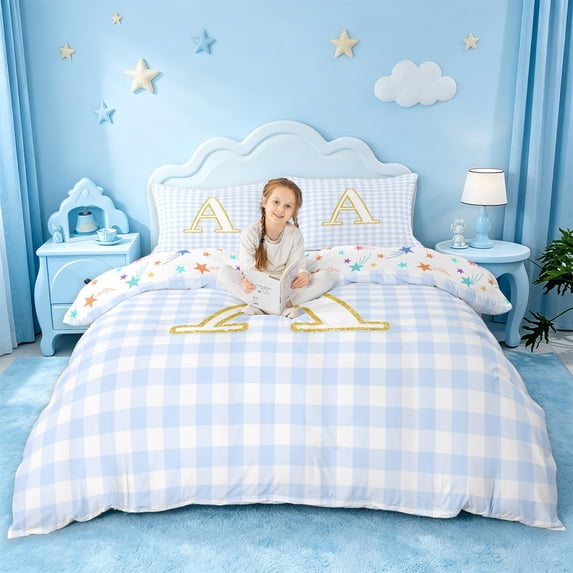 jejeloiu Blue Plaid Theme Monogram A Duvet Cover Set For Kids,Gold Glitter Print Bedding Full For Girls,Colorful Stars Reversible,3pcs(No Comforter)