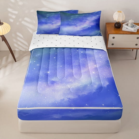 jejeloiu Blue Purple Galaxy Star Zipper Twin Comforter Sets with Fitted Sheet and 2 Pillowcases Kids,Dreamy Magical Sky Pattern Zipper Bedding Set For Girls,Reversible,4 Pieces